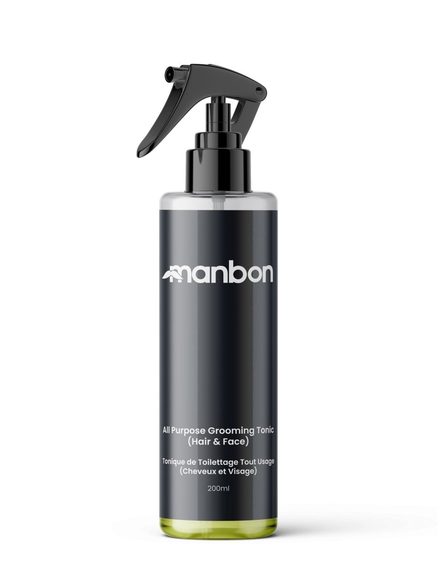 MANBON Natural Multi-Purpose Grooming Tonic in a 200ml bottle with lemongrass scent, designed for hair and face care.