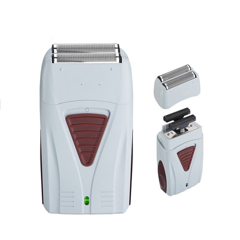 Men's USB double blade shaver in gray, designed for travel with a compact size and accessories including a charging cable and cleaning brush.