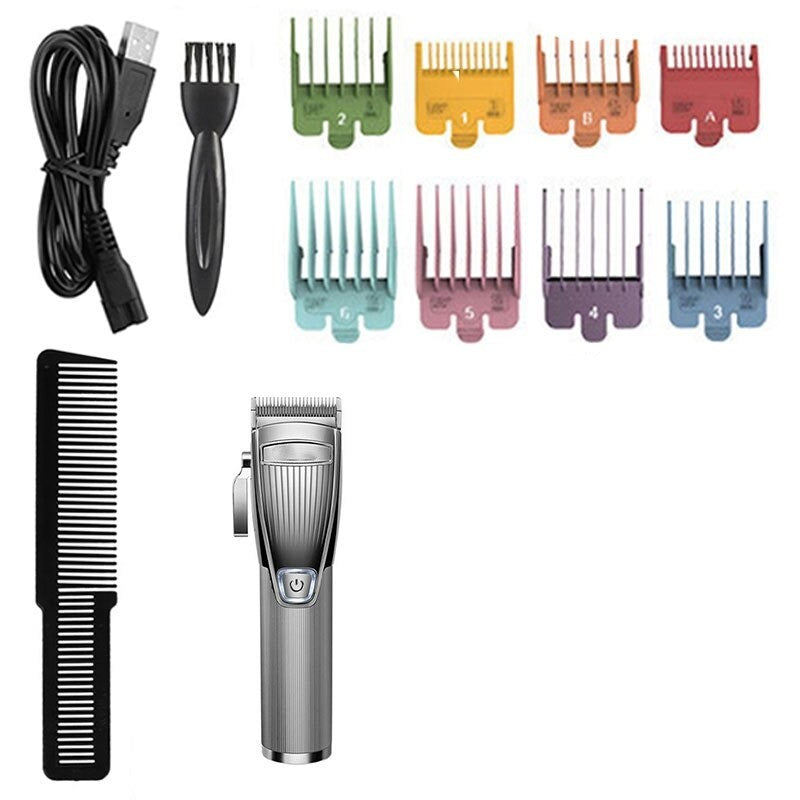 Metal Cord Cordless Hair Clipper with adjustable blade and USB charger, ideal for professional grooming.