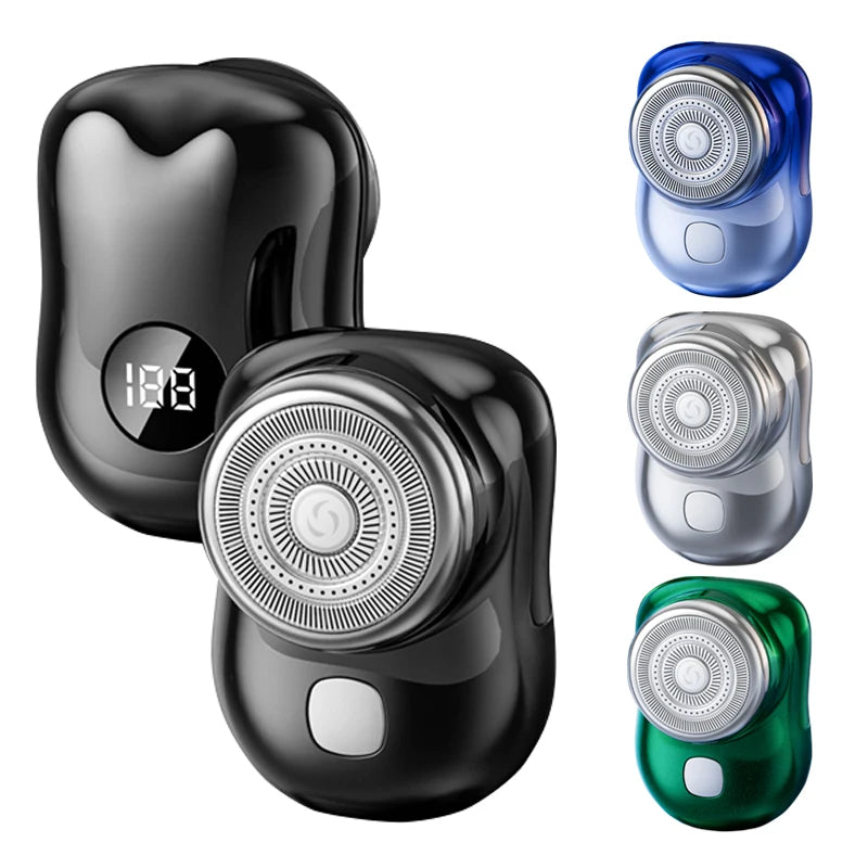 Mini Electric Travel Shaver for Men, compact and rechargeable, featuring a sleek design and six steel blades.