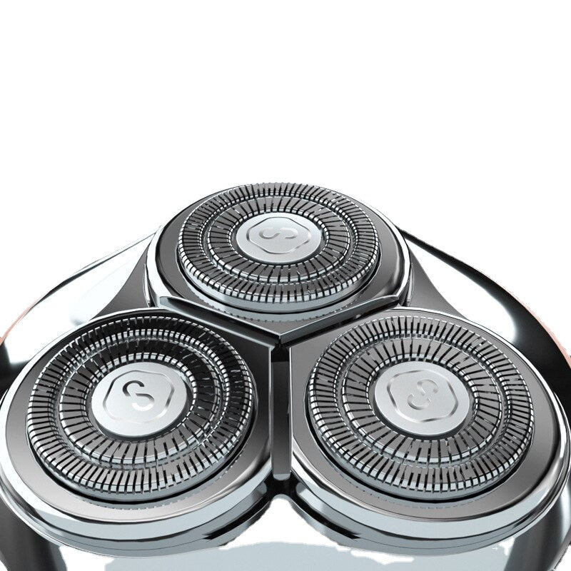 Mini Portable Rechargeable Electric Razor with five blades, USB charging cable, and waterproof design for easy cleaning.