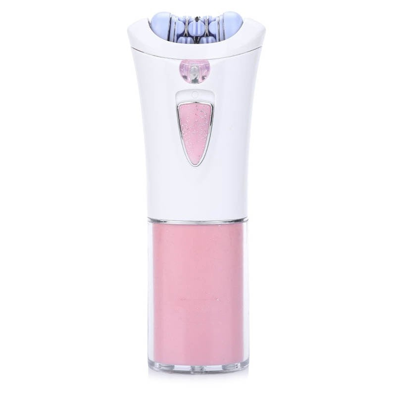 Mini Women Epilator in pink color, designed for facial and body hair removal, featuring ergonomic grip and cleaning brush.