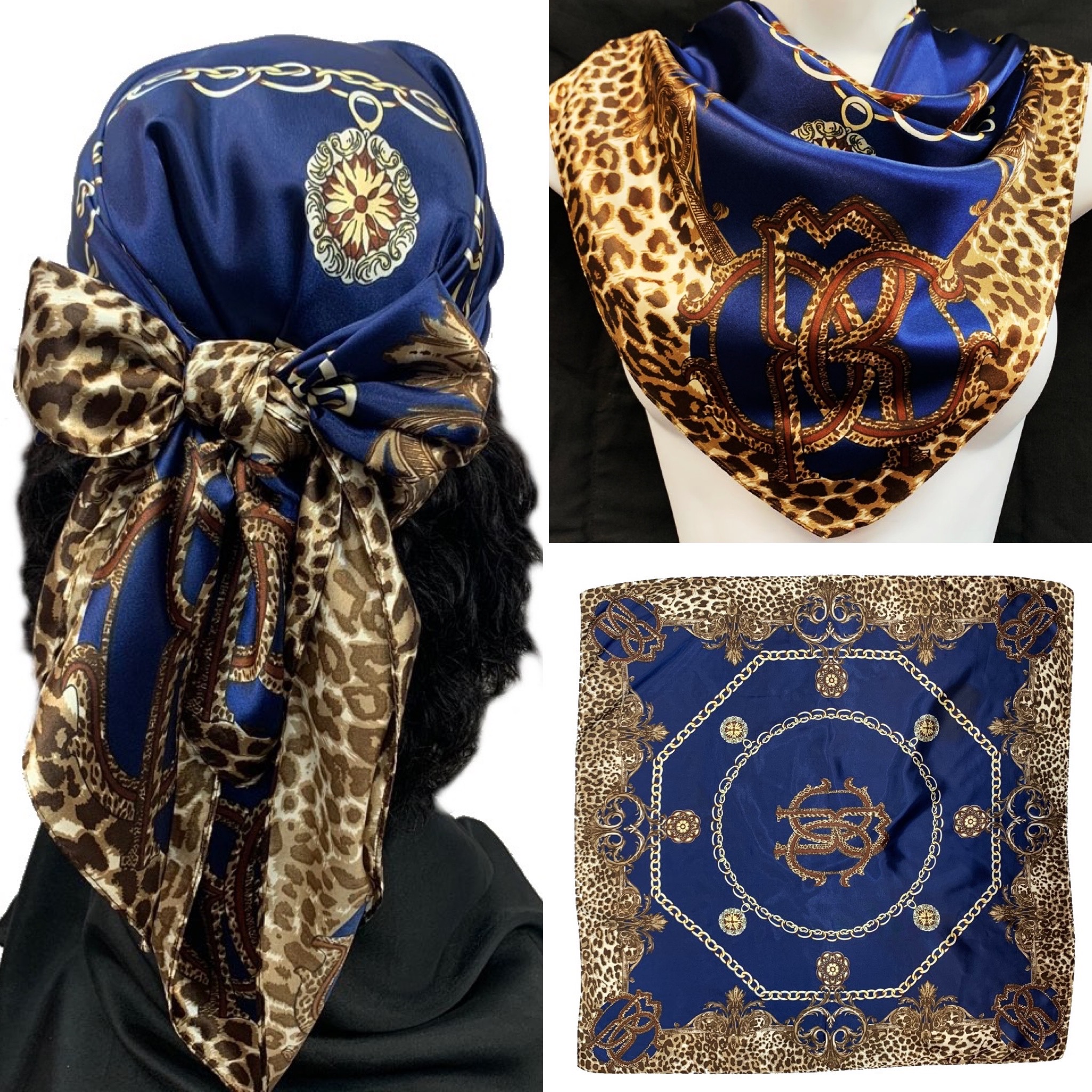 A luxurious 35" x 35" Multi Purpose Satin Scarf in vibrant colors, showcasing its silky texture and versatility for hair and fashion.
