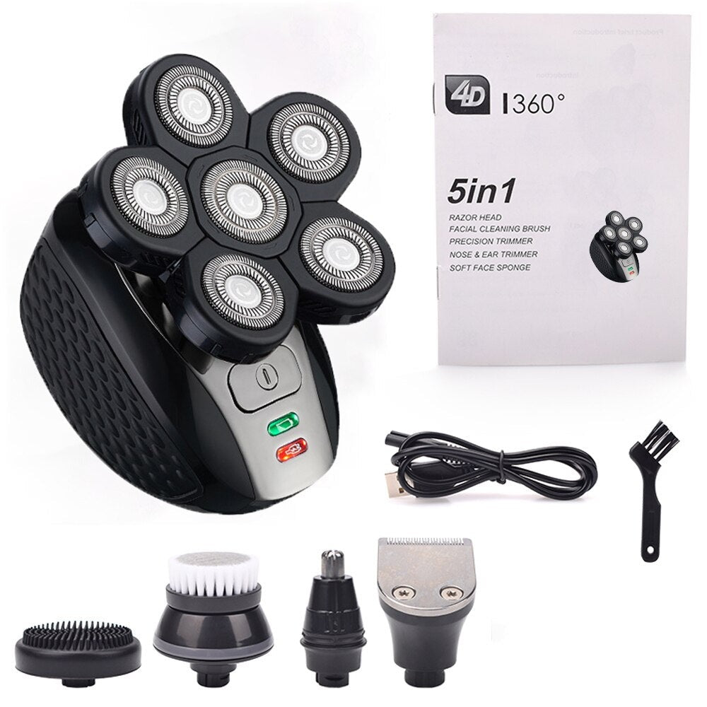 Multifunction Rechargeable Electric Men Electric Shaver with 6D floating cutter head and various grooming attachments displayed on a clean surface.
