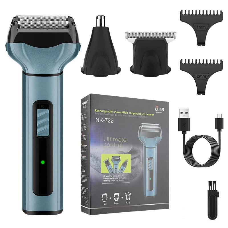 Multifunctional 3 In 1 Electric Foil Shaver in mist blue color with various shaving heads and USB charging cable.