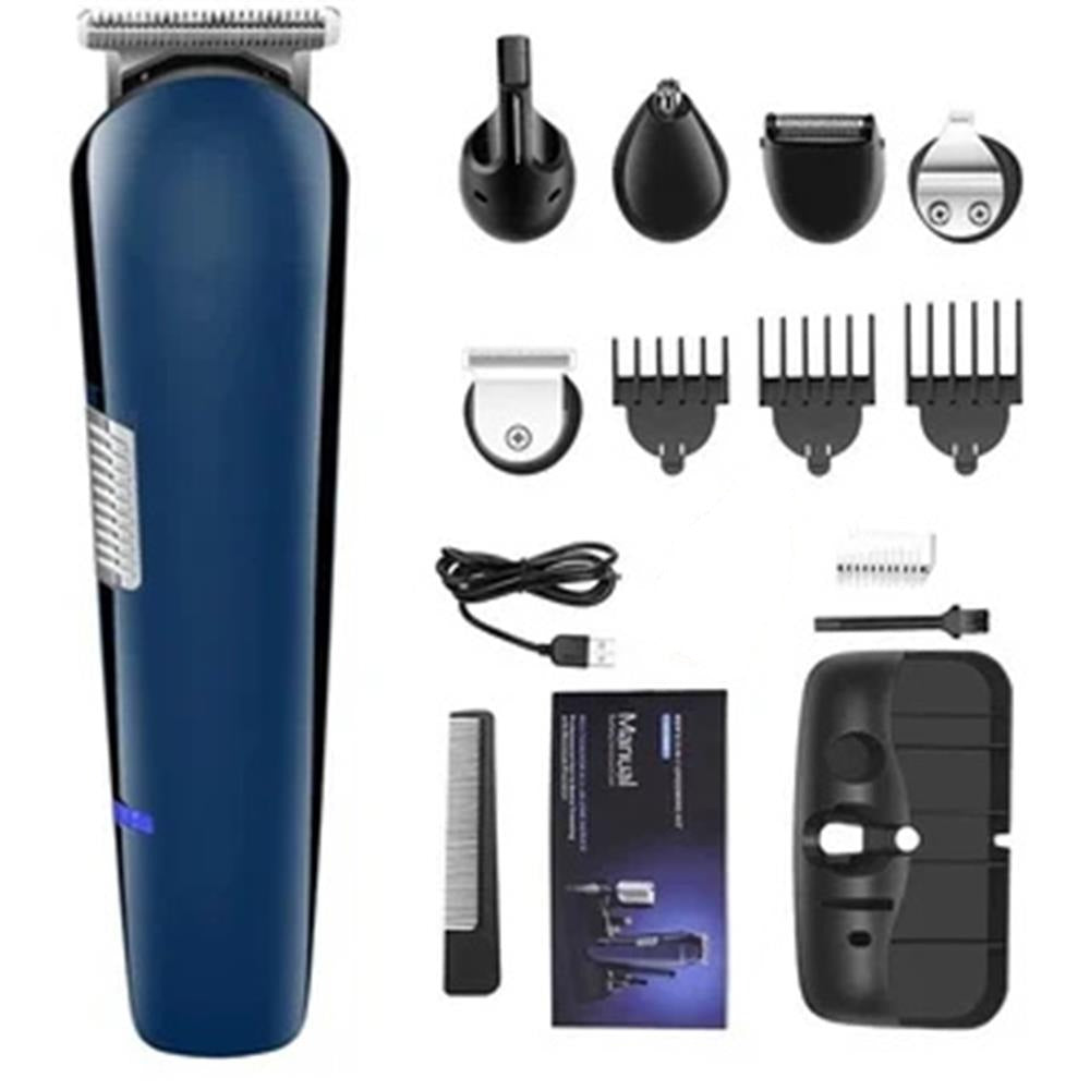 Multifunctional 6 in 1 hair clipper with various cutter heads displayed on a clean surface, showcasing its sleek design and included accessories.