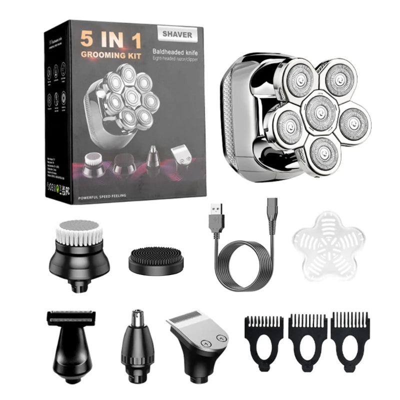 Multifunctional Bald Head Shaver 5 in 1 Electric Razors with various attachments and LED display, designed for smooth shaving.