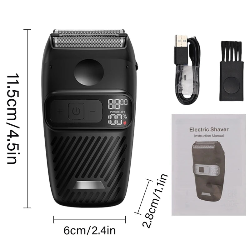 A compact multifunctional electric shaver grooming device with an LCD display, designed for travel and efficient grooming.