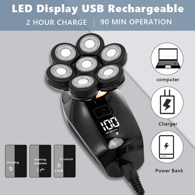 New Shaver For Men featuring 7D independently floating heads, USB charging, and ergonomic design for a comfortable shave.