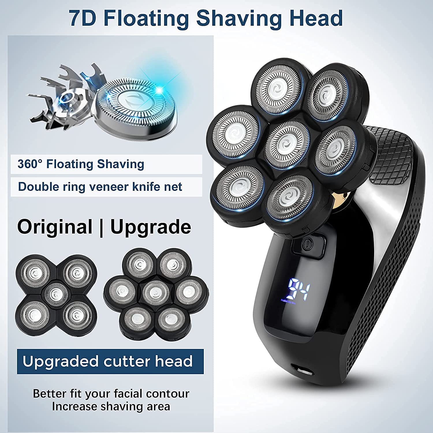 New Shaver For Men featuring a 7D independently floating head, showcasing its ergonomic design and USB charging capability.
