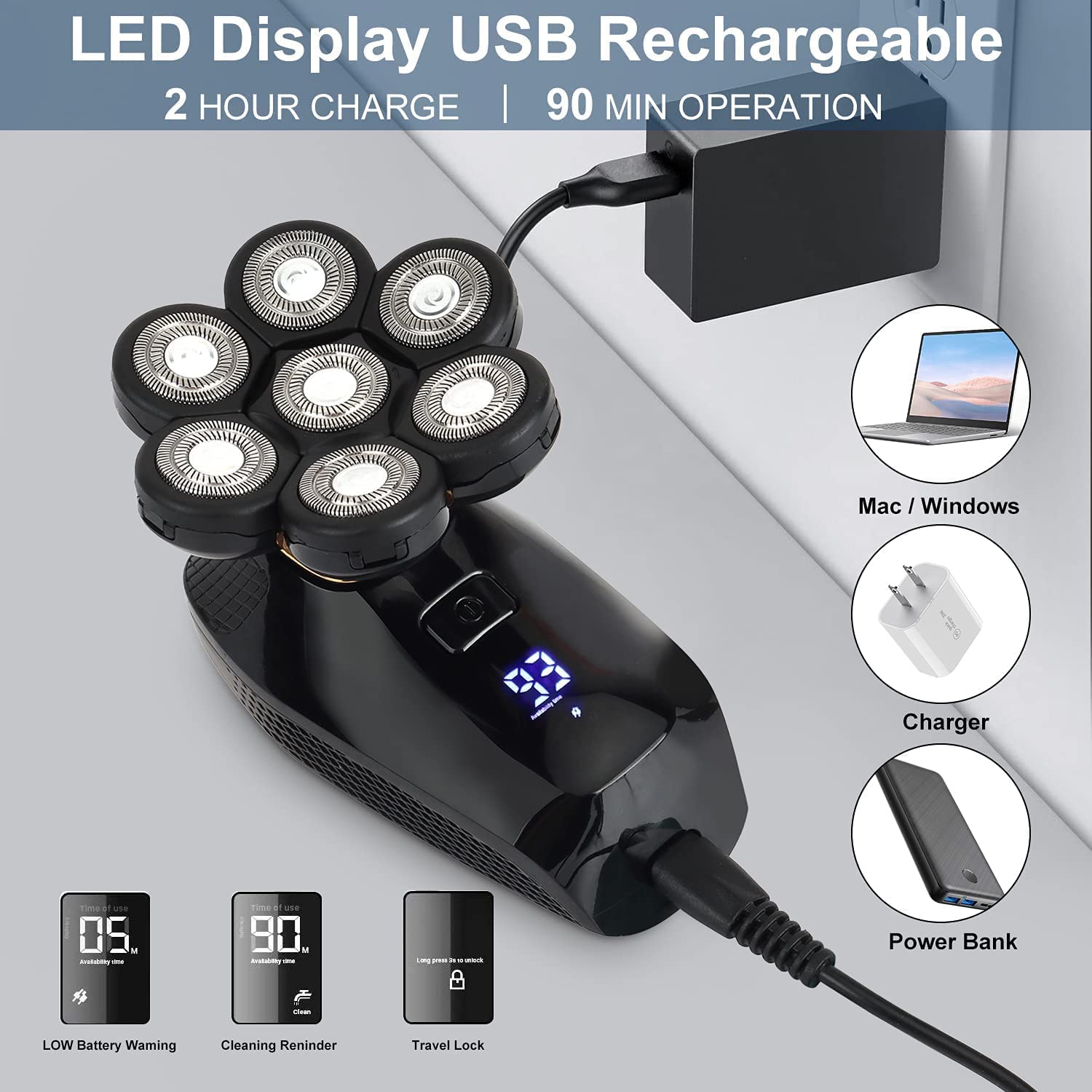 New Shaver For Men featuring a 7D independently floating head, showcasing its ergonomic design and USB charging capability.