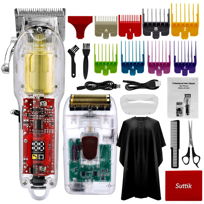New Transparent Professional Rechargeable Hair Clipper with various limit combs and accessories for grooming.