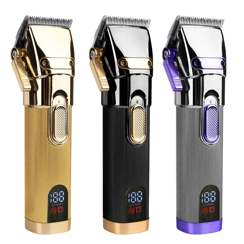 Oil Head Professional Hair Clipper with LCD display, featuring a sleek design and all-steel blade for precision haircuts.