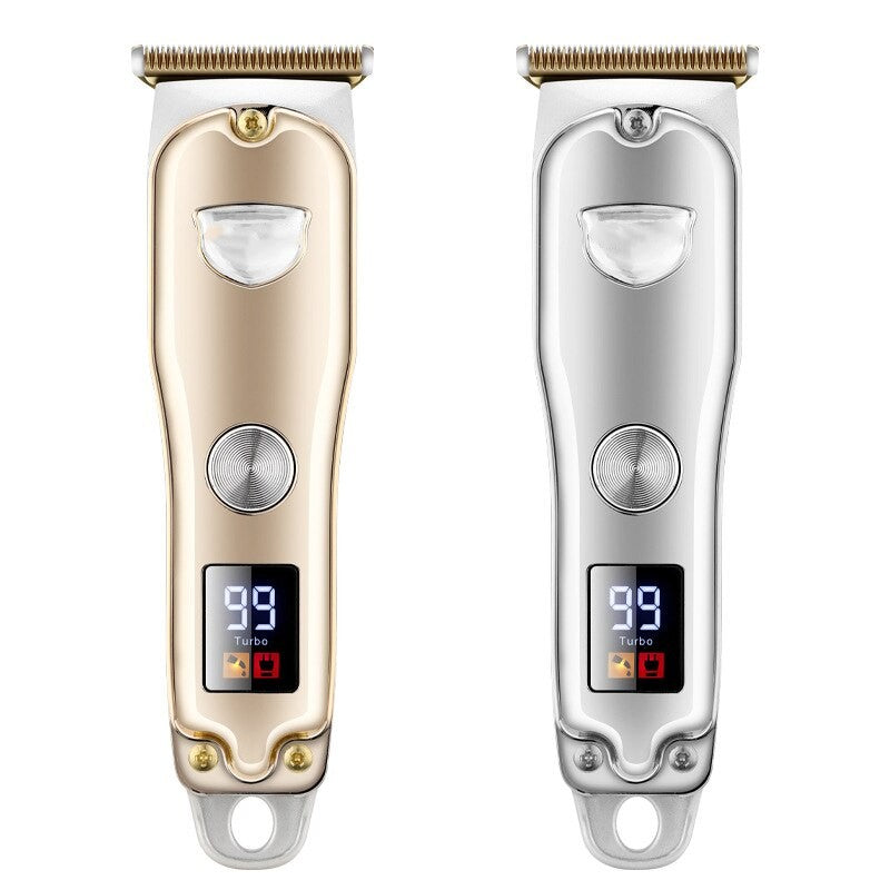 Cordless electric hair shear with USB charging and accessories including limit combs and cleaning brush.