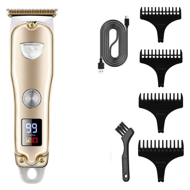 Cordless electric hair shear with USB charging and accessories including limit combs and cleaning brush.