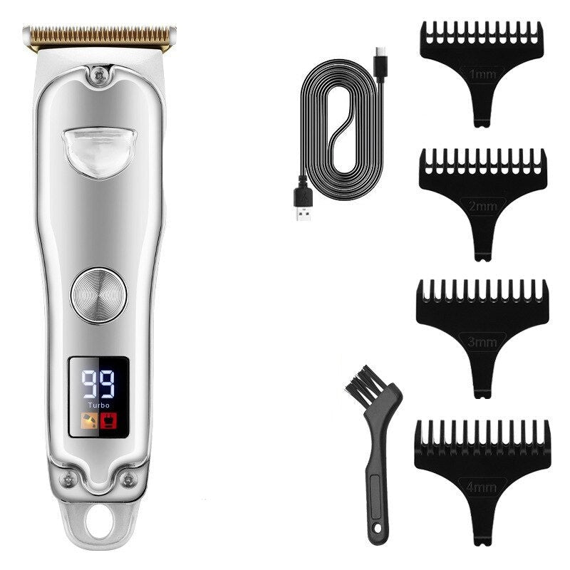 Cordless electric hair shear with USB charging and accessories including limit combs and cleaning brush.