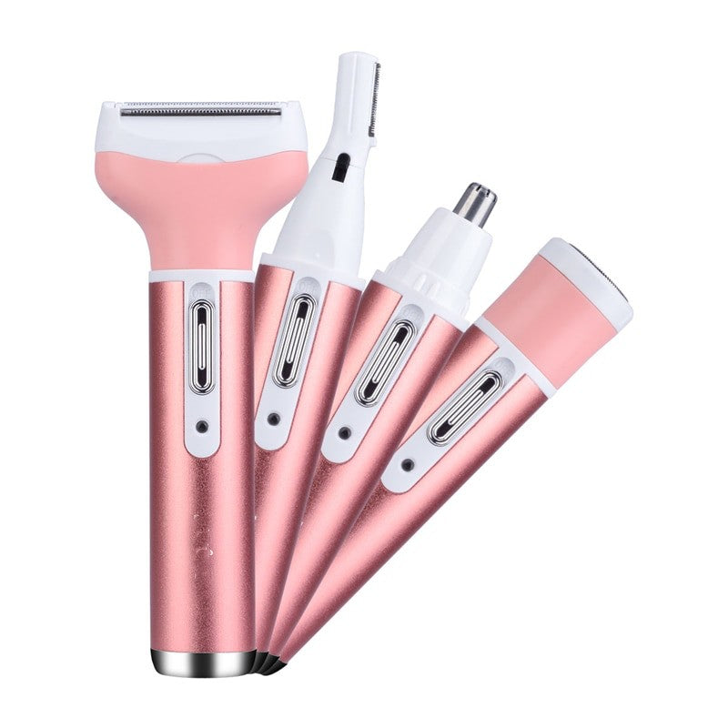 Portable 4in1 Multi-Functional Lady Women Rechargeable Shaver with various attachments for eyebrow, nose, and beard trimming.