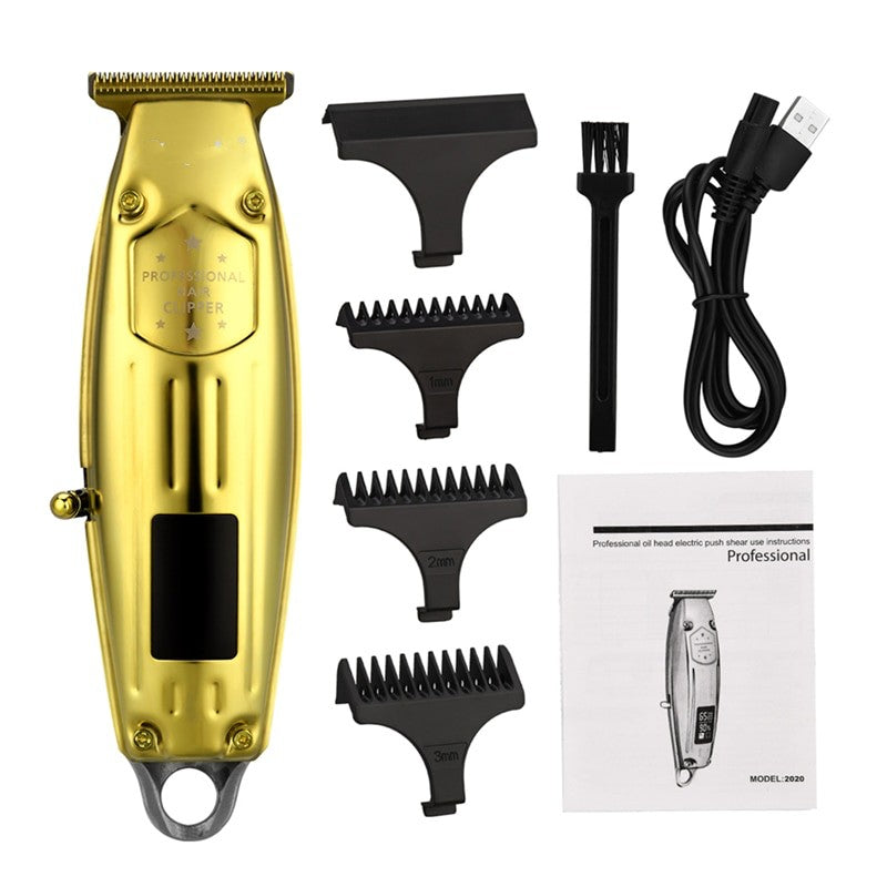 Portable Digital Hair Trimmer with LCD display and stainless steel blade, showcasing its sleek design and limit combs.