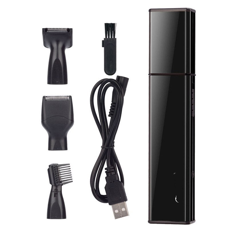 Portable Men Electric Shavers with multiple trimming heads for nose, ear, and face hair grooming, featuring a USB charging port.
