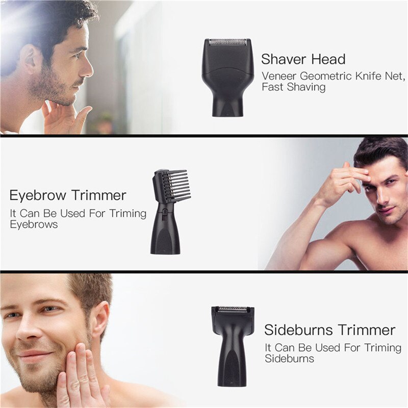 Portable Men Electric Shavers with multiple trimming heads for nose, ear, and face hair grooming, featuring a USB charging port.