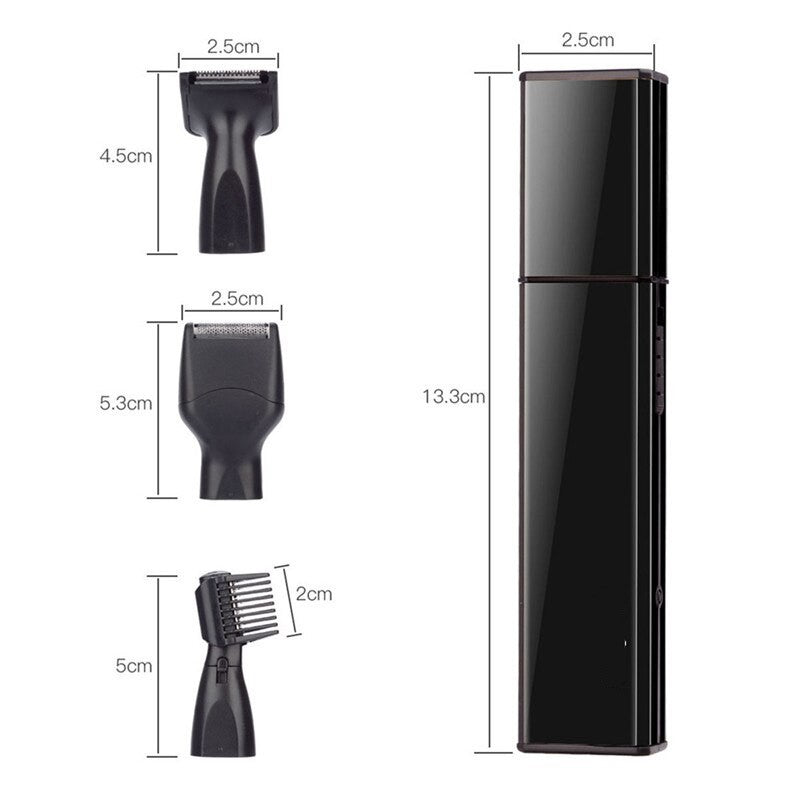 Portable Men Electric Shavers with multiple trimming heads for nose, ear, and face hair grooming, featuring a USB charging port.