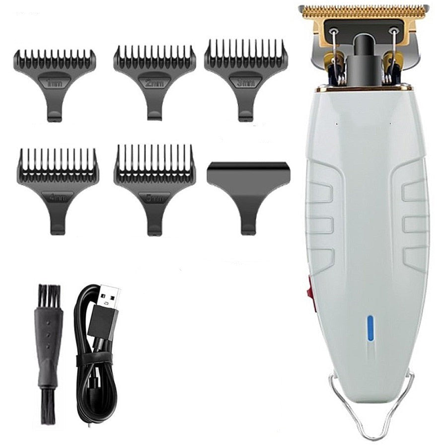 Powerful electric hair trimmer for men with carbon steel blade and limit combs, designed for precise beard grooming.