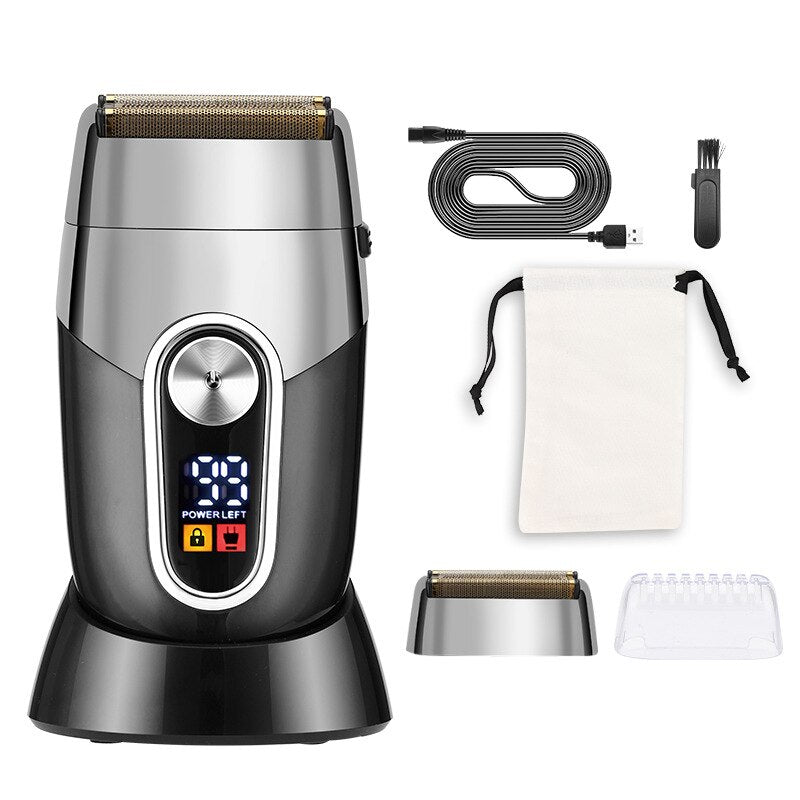 Powerful Electric Shaver for Men with a sleek design and digital display base, showcasing its USB charging port and accessories.