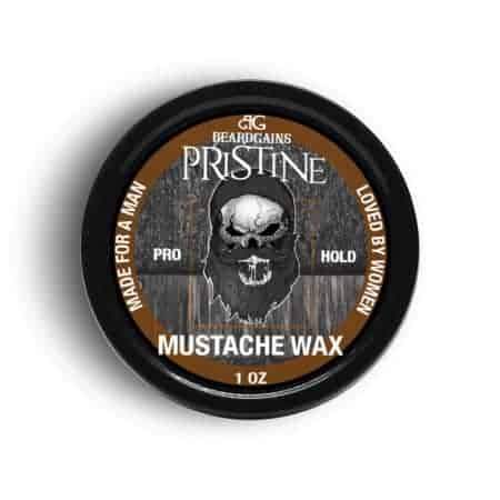 Pristine Mustache Wax tin with a rustic design, showcasing its organic ingredients and strong hold for mustache styling.