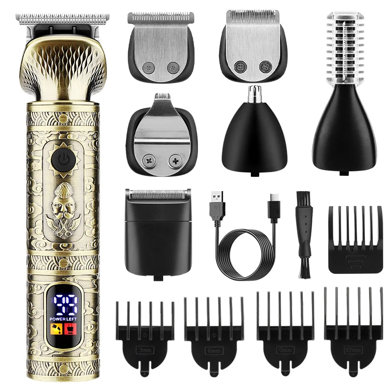 Professional 7 in 1 Hair Clipper Set for Men featuring all-metal design and multiple grooming attachments.