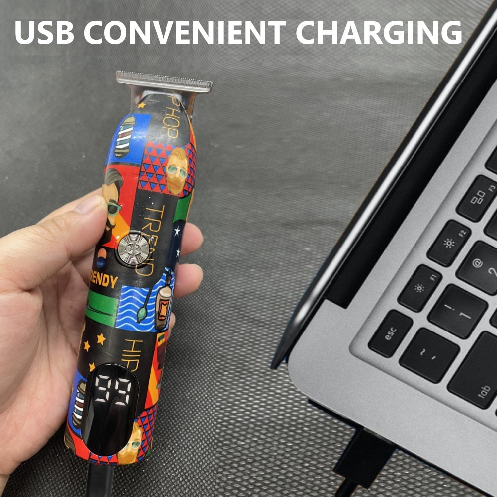 Professional Barber Hair Clipper in graffiti design, showcasing its sharp blades and ergonomic shape for easy handling.