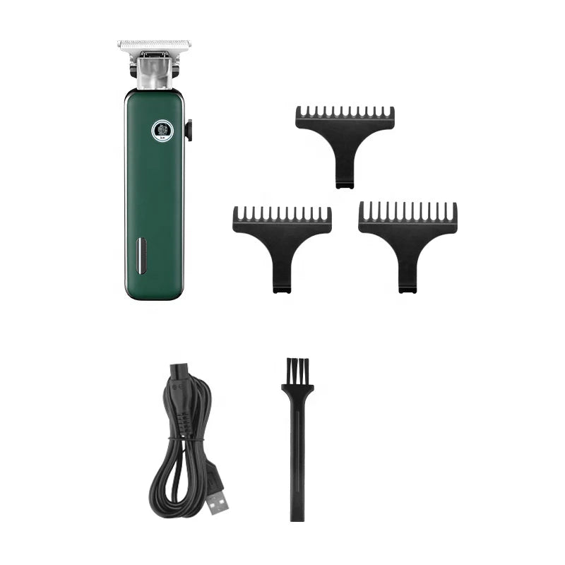 Professional Barber Hair Trimmer with T-blade, designed for dry-shaving and fading hair, featuring a green ergonomic body and accessories.
