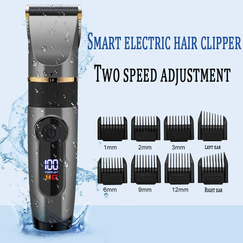 Professional Cordless Hair Trimmer for Men with adjustable settings and multiple guide combs, showcasing its sleek design and features.