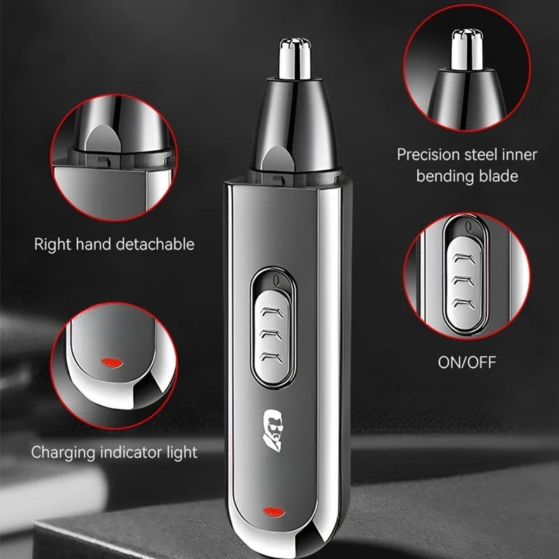 Professional Electric Nose Hair Trimmer with multiple attachments including sideburns and eyebrow knife heads, in sleek white and black design.