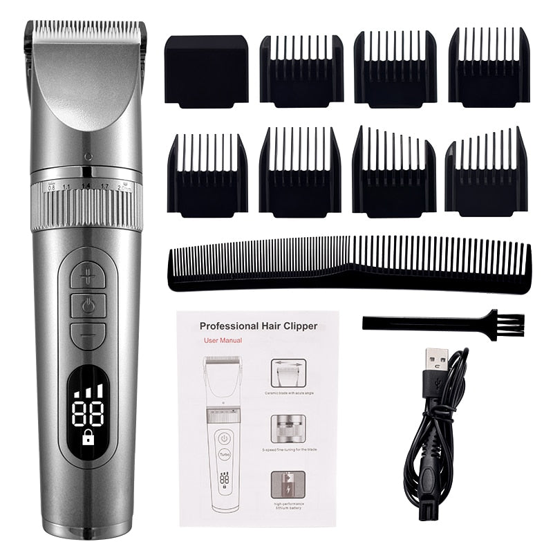Professional Hair Clipper for Men, featuring a sleek design, adjustable blade settings, and waterproof capabilities, ideal for precise grooming.