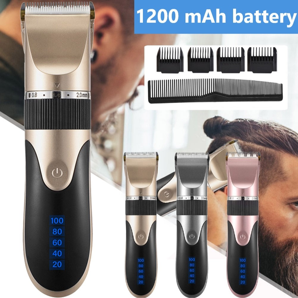 Professional hair clipper for men with ceramic blade and limit combs, ideal for beard trimming and hair cutting.