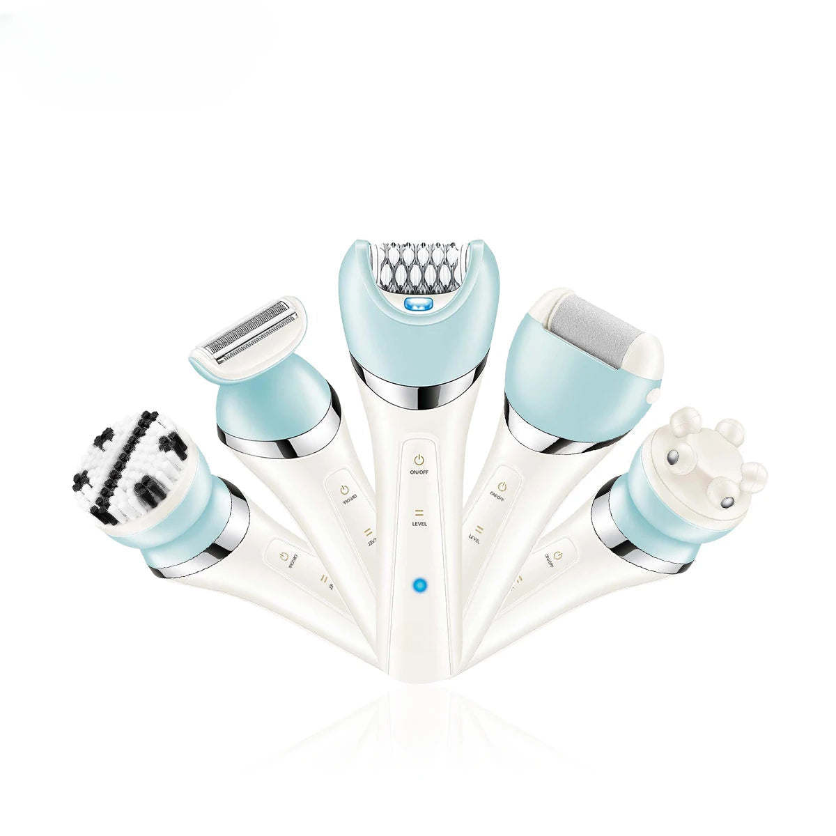 Professional Hair Cutting Machine for Ladies, featuring a sleek design and multiple grooming attachments including epilator, shaver, and callus remover.