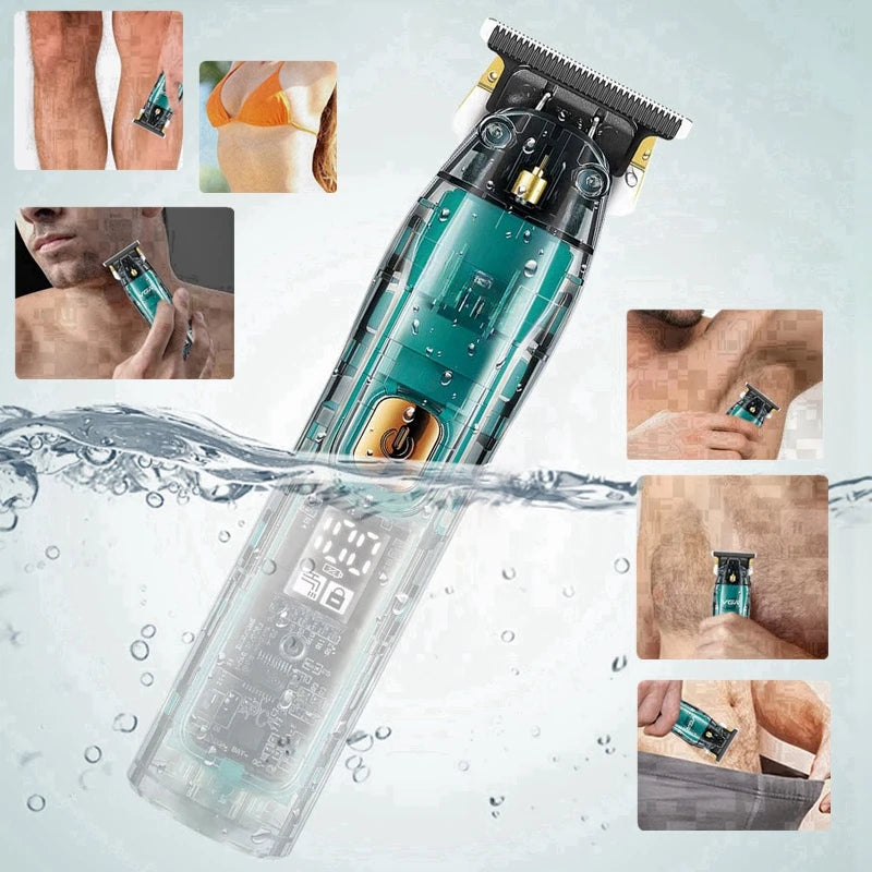 Professional Hair Trimmer for Men with ceramic blades and LED display, showcasing its sleek design and included accessories.