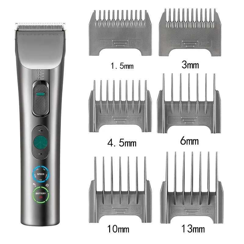 Professional Hair Trimmer with adjustable settings, ceramic and stainless steel blades, LED display, and USB charging cable.