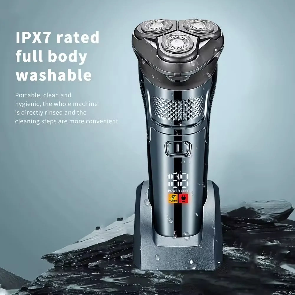 Professional Men's Electric Shaver in silver and blue with USB charging and sideburns trimmer features.