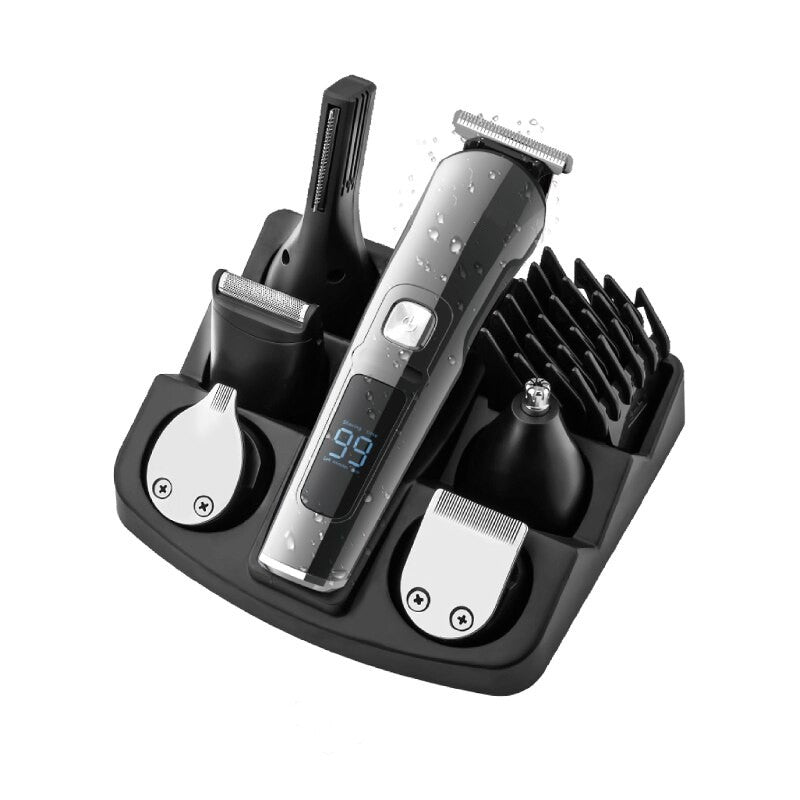 Professional Multifunction Beard Hair Trimmer Waterproof Grooming Kit with various attachments and USB charging cable.