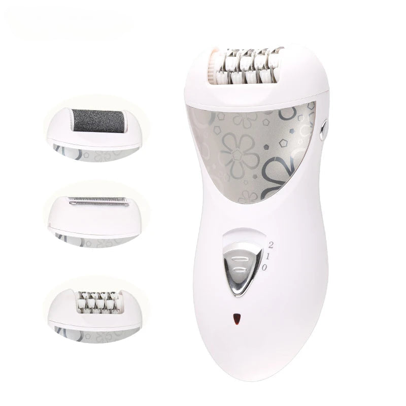Rechargeable 3 in 1 Lady Epilator in white, designed for hair removal and foot care, showcasing its ergonomic design and high-carbon steel blades.