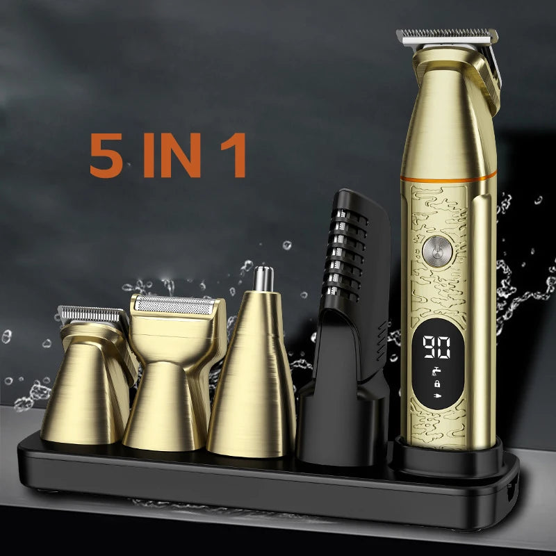 Rechargeable 5 in 1 Grooming Kit featuring LED display, precision steel blades, and multiple attachments for hair trimming and shaving.