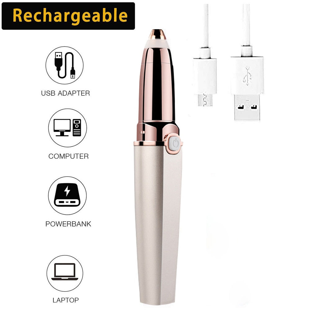 Rechargeable Electric Eyebrow Trimmer in stylish lipstick shape, designed for painless eyebrow grooming.