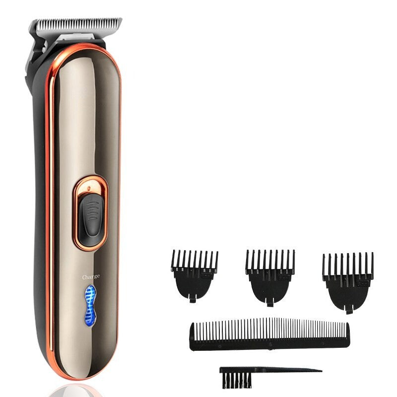 Rechargeable Electric Hair Clipper for Men with titanium ceramic blade, compact design, and limit combs for adjustable hair length.