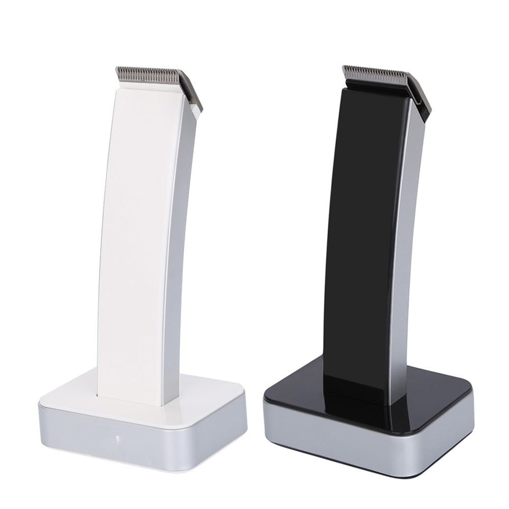 Rechargeable hair clipper with charging base, featuring limit combs and cleaning brush, designed for professional men's hair cutting.