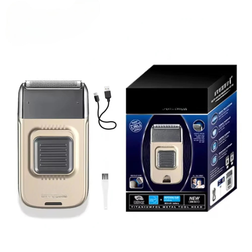 Rechargeable razor with stainless steel blade, USB charging port, and compact design, ideal for travel and everyday grooming.