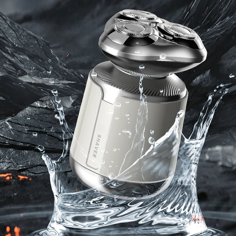 Rotary Electric Mini Shaver for men, showcasing its compact design and included grooming accessories.