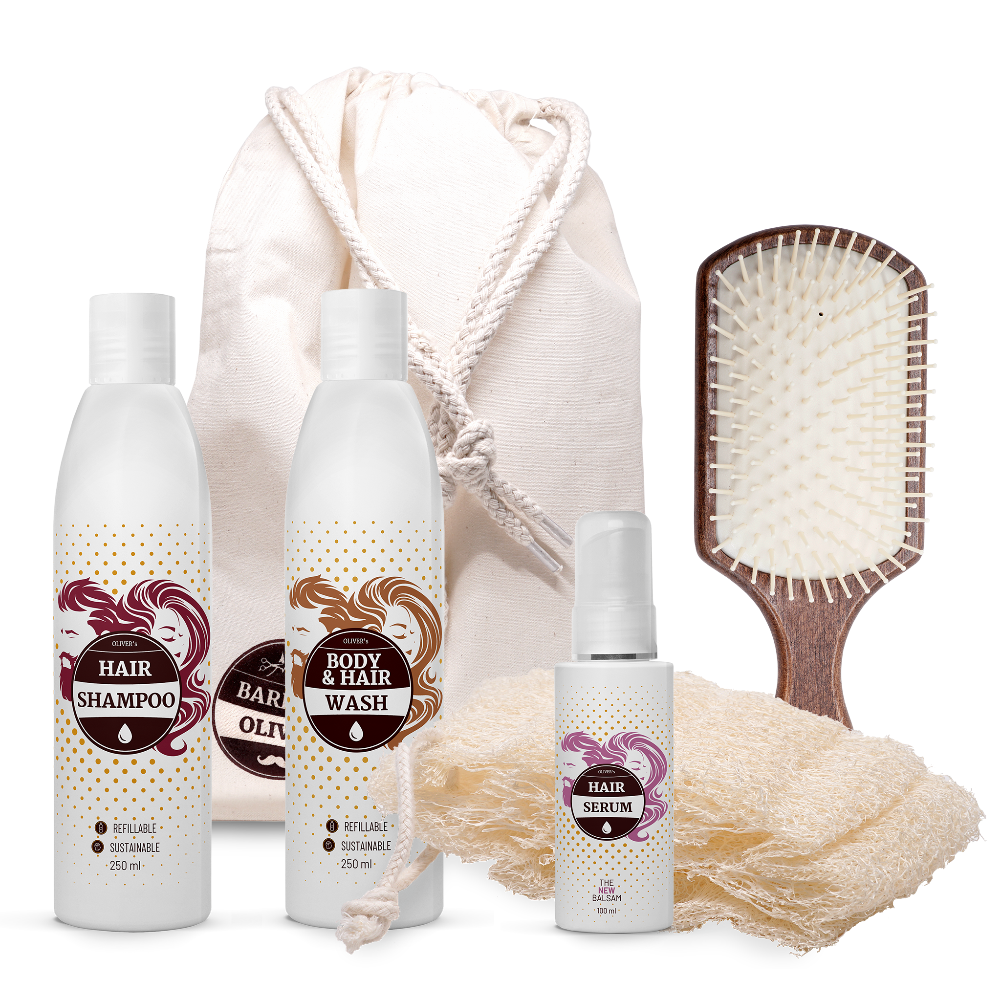 SET for Woman featuring calming shampoo, relaxing shower gel, natural sponge, silky hair serum, and gentle brush in a stylish bag.