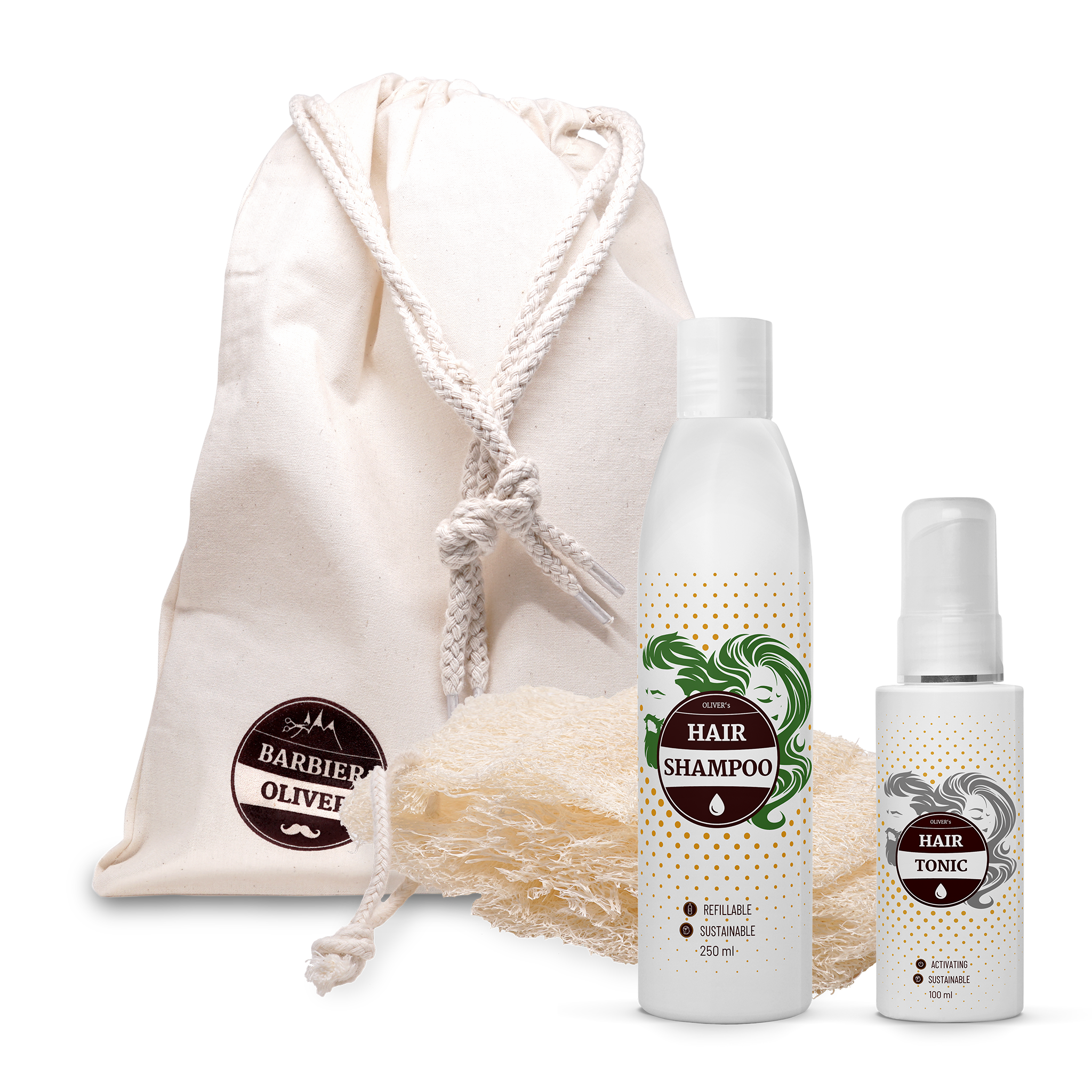 SET tonificante con shampoo energizzante, tonico nutriente e spugna massaggiante per capelli e corpo.