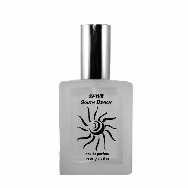 SFWS South Beach Eau de Parfum bottle featuring tropical coconut and banana scent, perfect for beach lovers.